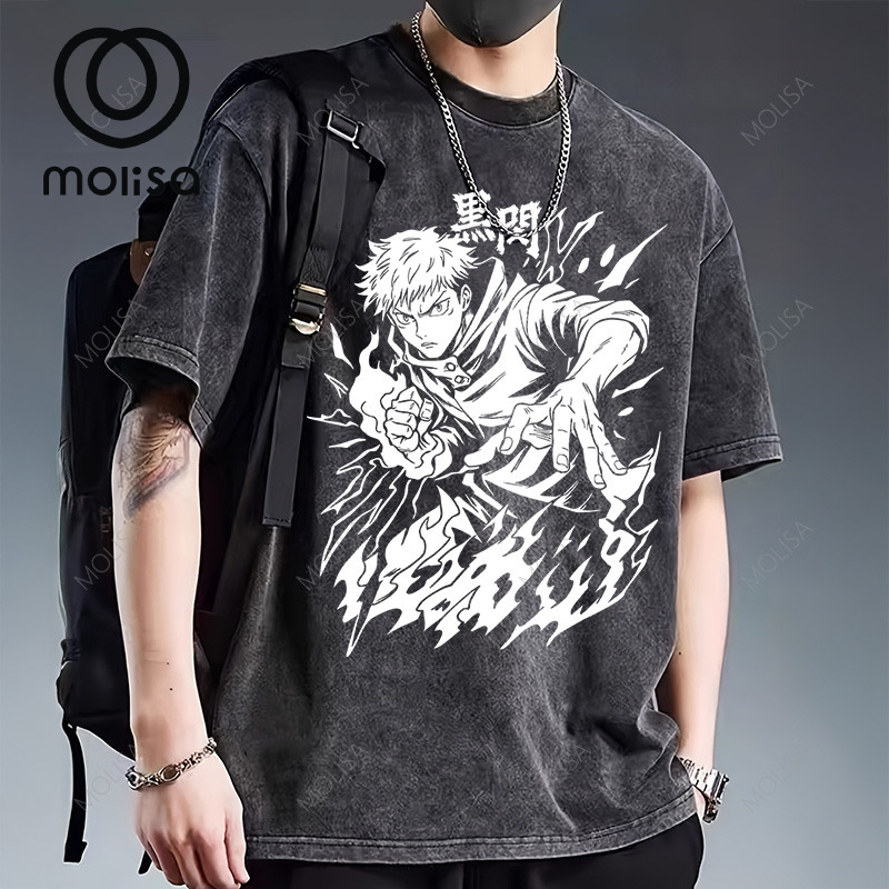 Molisa เสื้อยืด Oversize Streetwear ผ้านุ่ม แขนสั้น ผ้าฟอก สีดำ เสื้อสไตล์ญี่ปุ่นผู้ชาย 68286#