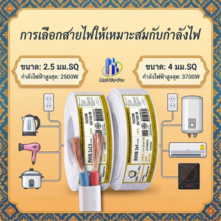 สายไฟทนอุณหภูมิสูง RVVB 2 แกน แบบแบน สีขาว ขนาด 2.5/4 มม.SQ ทนการเสียดสี หน่วงไฟ 20/50/100ม.