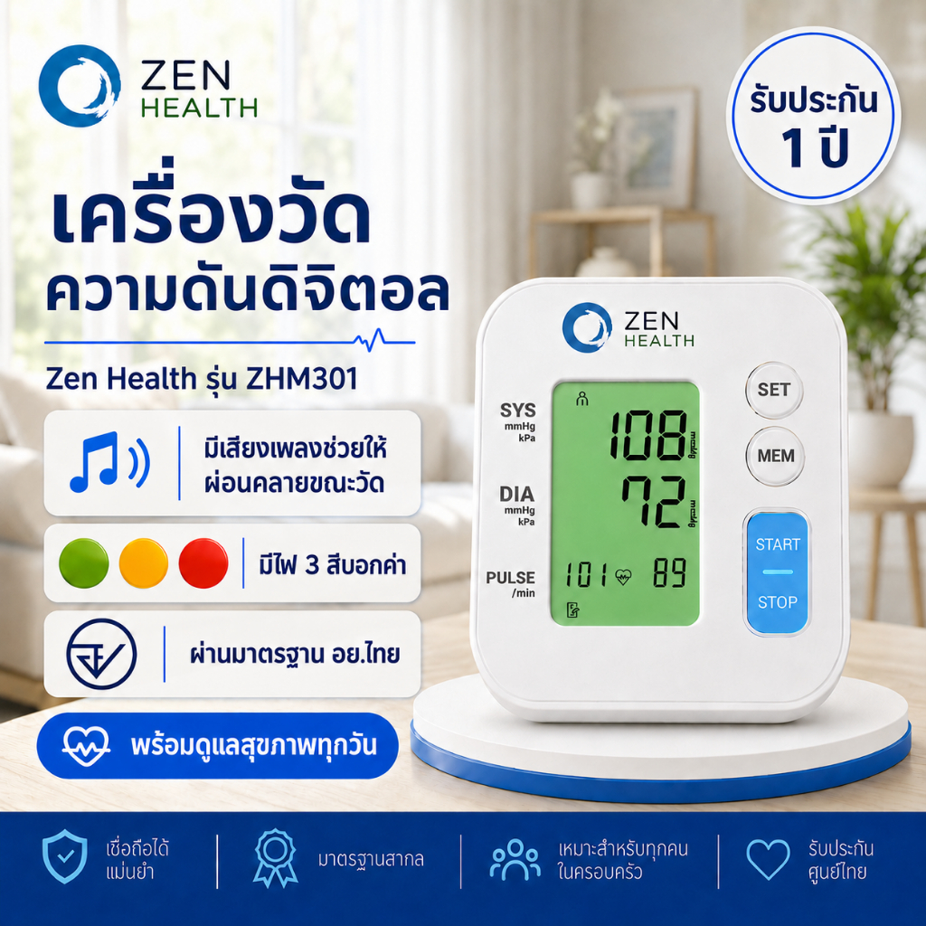 ZenHealth เครื่องวัดความดันโลหิตต้นแขน ZHM301 มีเสียงเพลง ไฟ 3 สี เมมโมรี่ 2×99 ค่า รับประกัน 1 ปี