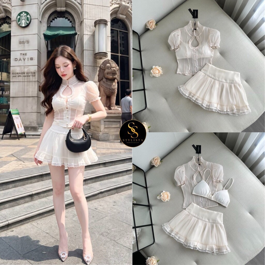[STYLISTA] set 3 ชิ้น เสื้อซีทรูคอสูงแขนพอง + กระโปรงระบายสุดหวาน+บาร์ตัวใน เปลี่ยนทุกโมเมนต์