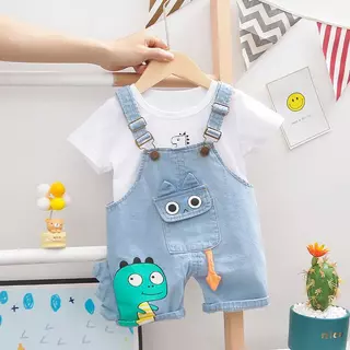 [Cotton Life]ชุดเสื้อยืด+กางเกงเอี๊ยมเด็ก ลายไดโนเสาร์น่ารัก ผ้าฝ้ายนุ่ม สำหรับเด็ก 0-4 ปี