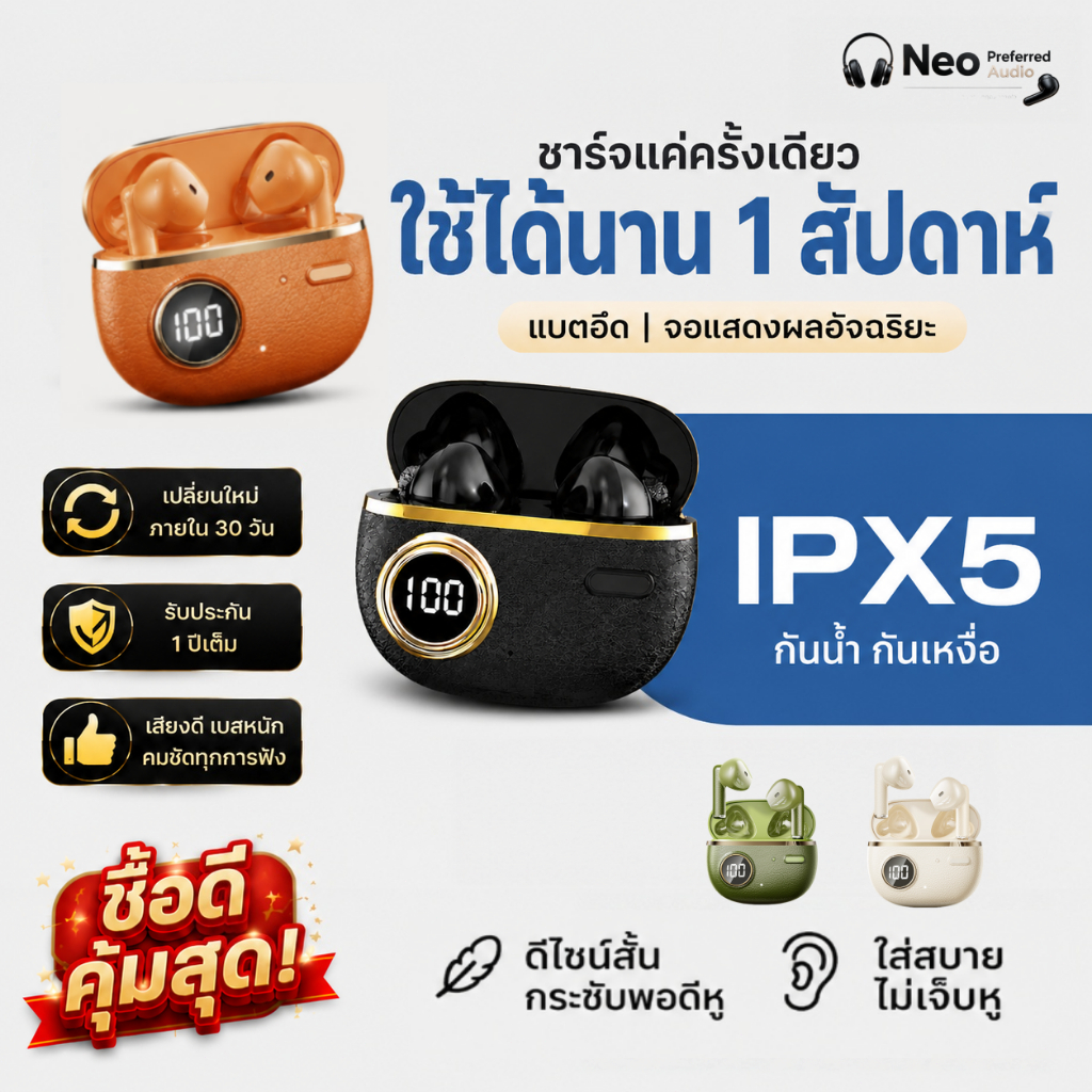 Neo หูฟังไร้สาย⚡บลูทูธ 5.4 ตัดเสียงรบกวน HIFI เสียงชัด แบตยาว ใช้เล่นเกมได้ลื่นไหล สวมใส่สบาย ชาร์จเร็วTYPE-C J08E สีส้ม