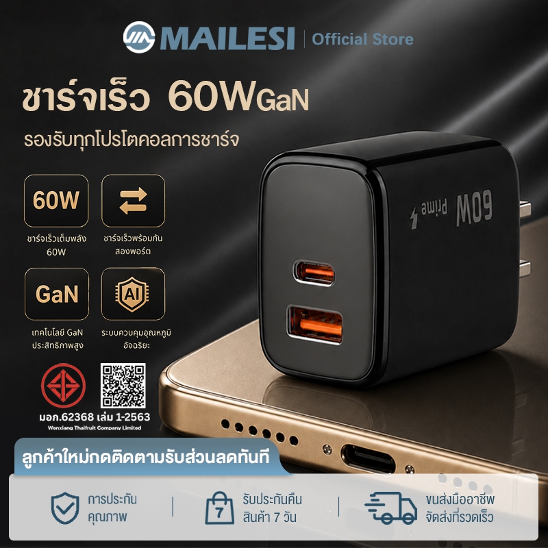 หัวชาร์จเร็ว GaN 60W หัวชาร์จดำ USB-C PD Fast Charger 2 พอร์ต USB-A Type-C รองรับทุกรุ่น