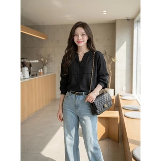 B701 เสื้อเชิ้ตคอตั้ง แต่งฉลุ แขนพอง เรียบหรู ใส่ได้ทุกโอกาส