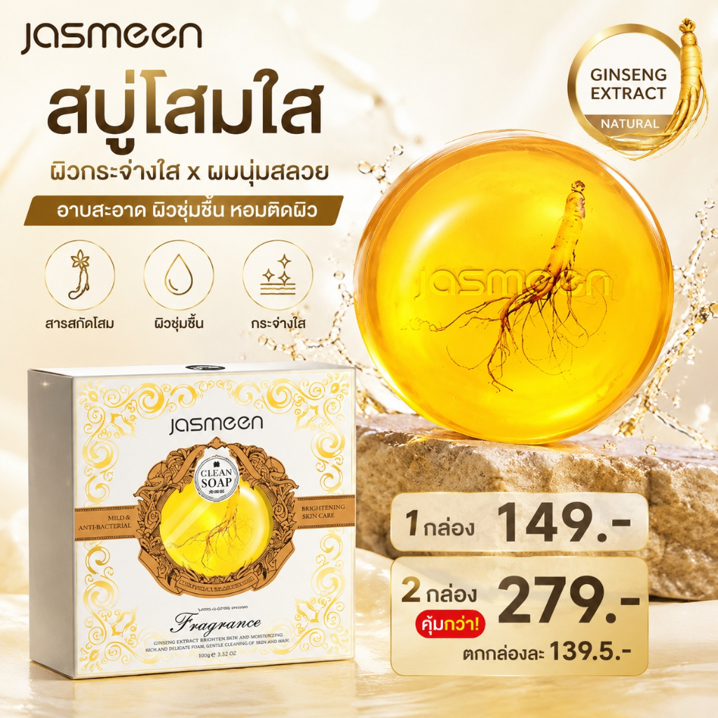 Jasmeen สบู่โสม Ginseng Soap บำรุงผิว ผิวชุ่มชื้น ไม่แห้งตึง กลิ่นหอมติดผิวยาวนาน Vitamin E Coconut Oil 100g