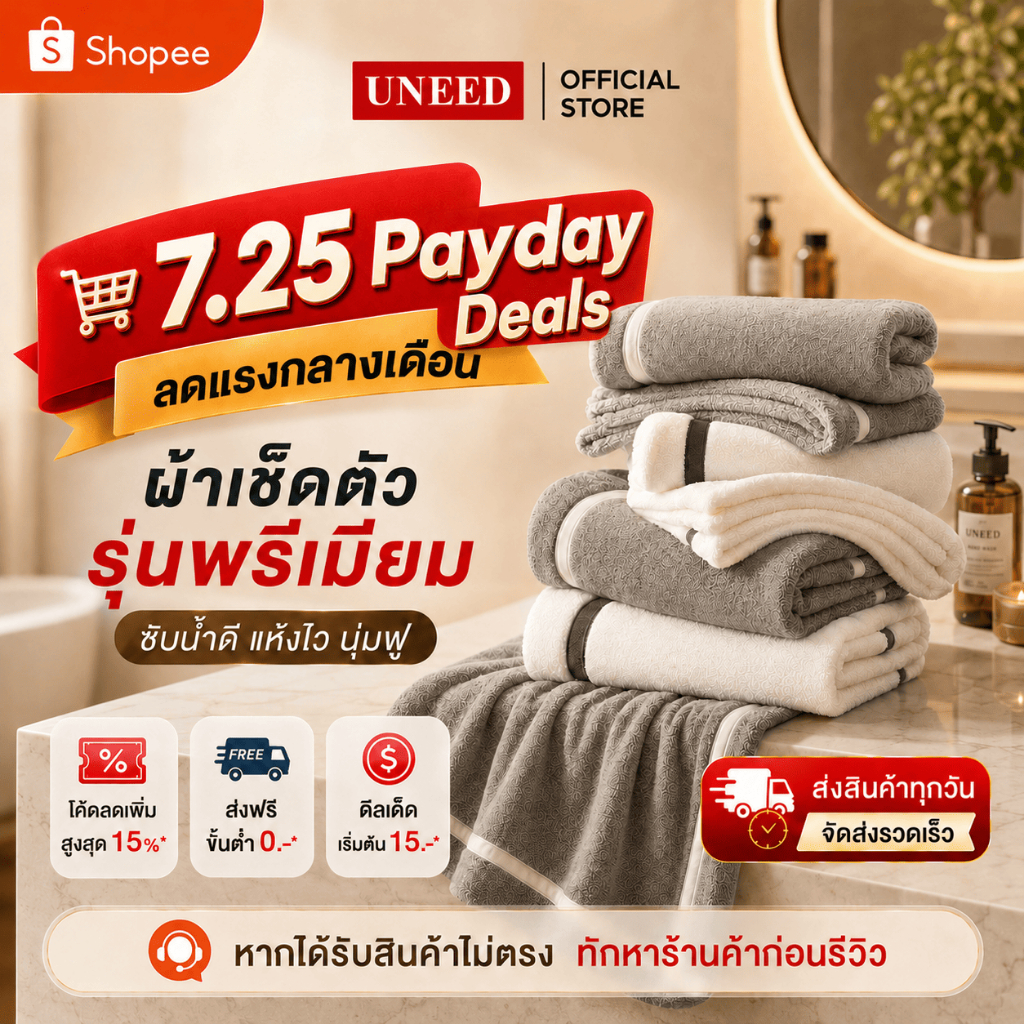 UNEED ผ้าเช็ดตัว รุ่นโรงแรม ซับน้ำดีพิเศษ นุ่มฟู แห้งเร็ว ไม่อับชื้น มี 40x80 | 70x140 | 90x160 ซม.