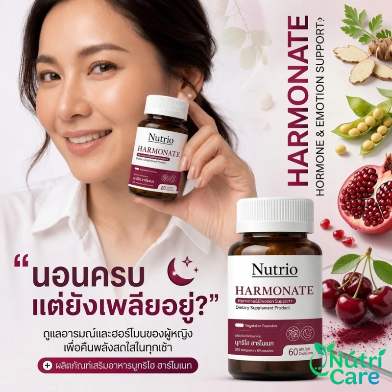 Nutrio Harmonate ฮาร์โมเนท สมดุลฮอร์โมนผู้หญิง ช่วยนอนหลับ ลดร้อนวูบวาบ วัยทอง PMS เมแทบอลิซึม 60 แคปซูล