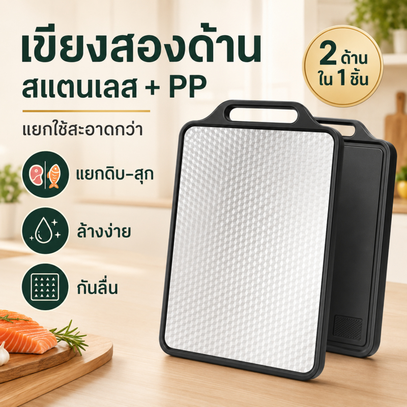 เขียงสแตนเลสสองด้าน เขียงหั่นอาหาร สแตนเลส+PP แอนตี้แบคทีเรีย กันลื่น ล้างง่าย สำหรับเนื้อ ผัก ผลไม้