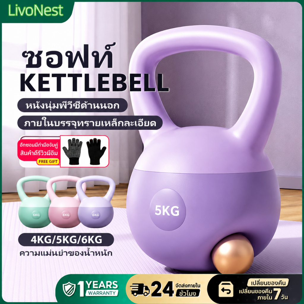 เคตเทิลเบล อุปกรณ์ออกกำลังกาย ดัมเบลฟิตเนส สำหรับออกกำลังกายที่บ้าน 4KG 5KG 6KG จับถนัดมือ แข็งแรง ทนทาน