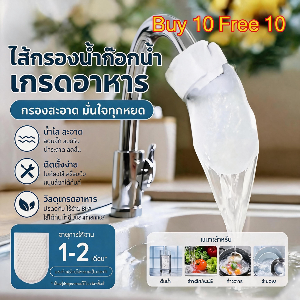 【ซื้อ 10 แถม 10】ถุงกรองน้ำก๊อกน้ำ ตัวกรองก๊อกน้ำแบบผ้าฝ้าย กรองตะกอนและสิ่งเจือปนในน้ำ  20/40/60/80 ชิ้น  ลดน้ำกระเซ็น ใ