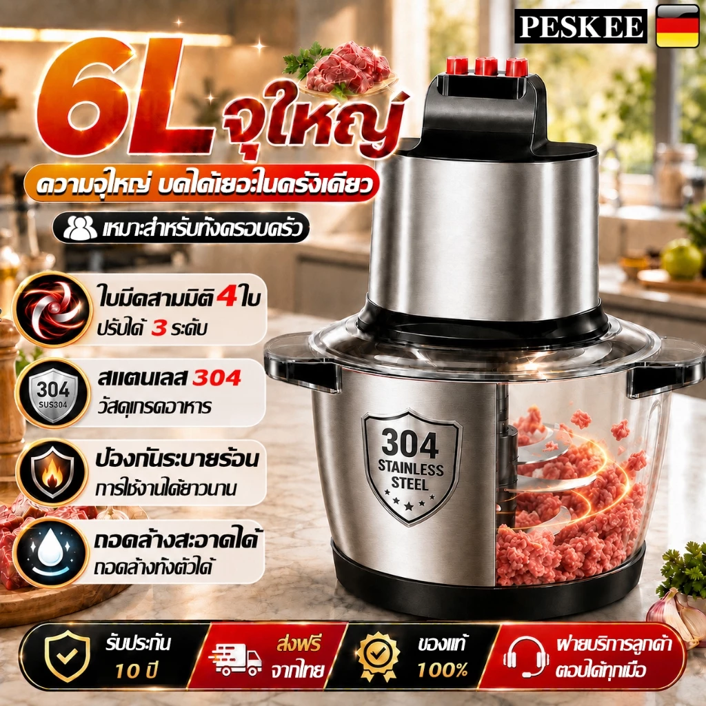 🥇รับประกัน 10ปี🥇เครื่องบด 6L 3500W เครื่องปั่นอเนกประสงค์ 4ใบมีด ทำสะอาดง่าย 3วินาทีเพื่อสับเนื้อ เครื่องบดหมู
