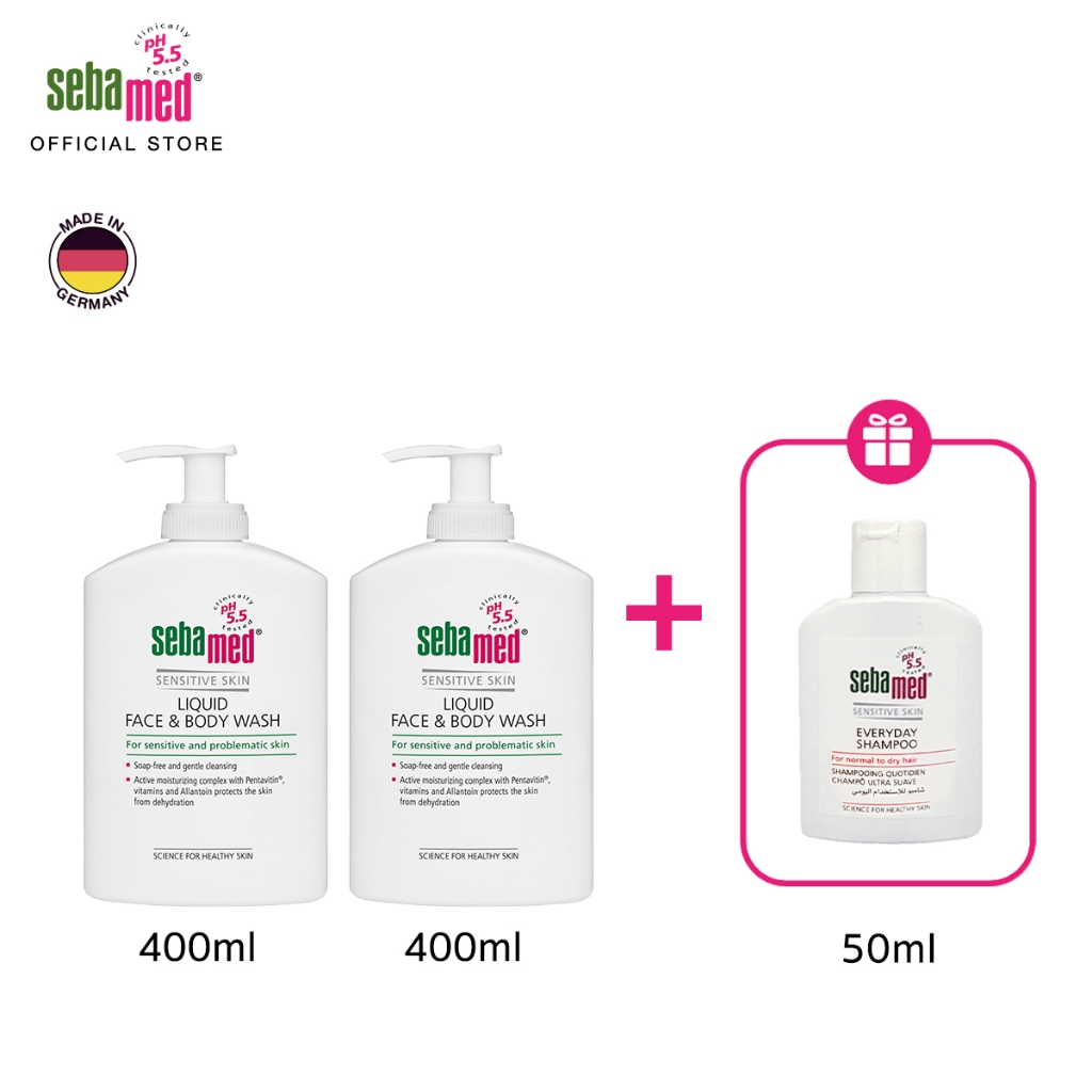 [เซ็ต 3 ชิ้น] SEBAMED LIQUID FACE & BODY WASH 400ML X2 + FREE! EVERYDAY SHAMPOO 50ML ครีมอาบน้ำ pH5.5 บาลานซ์ผิวแข็งแรง