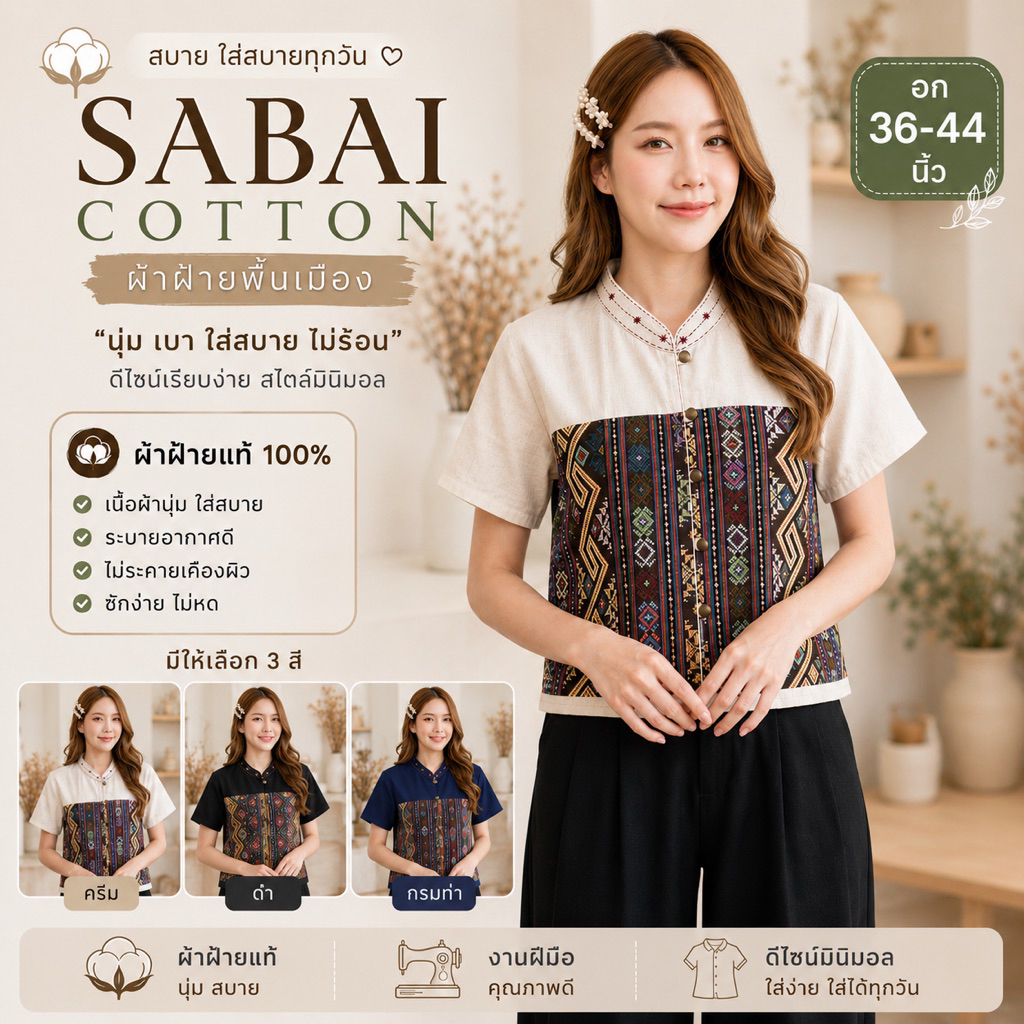 เสื้อผ้าฝ้าย คอจีน ผู้หญิง งานแต่งเทปผ้าทอ