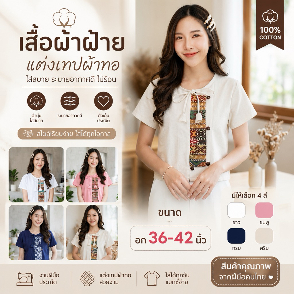 เสื้อผ้าฝ้าย คอกลมผูกโบว์  ผู้หญิง งานโบว์ทิวลิป แต่งเทปผ้าทอ ผ้านิ่ม ใส่สบาย ดีไซน์น่ารัก
