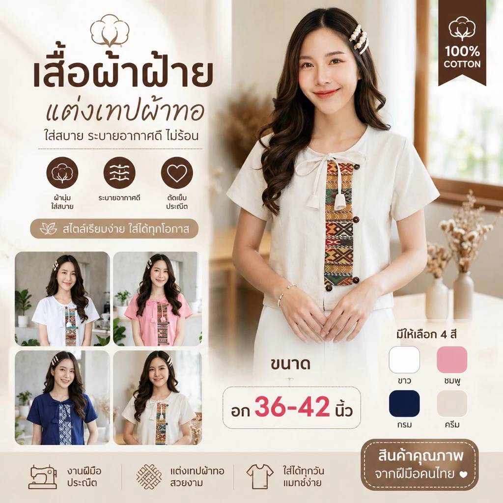 เสื้อผ้าฝ้าย คอกลมผูกโบว์ ผู้หญิง งานโบว์ทิวลิป แต่งเทปผ้าทอ ผ้านิ่ม ใส่สบาย ดีไซน์น่ารัก