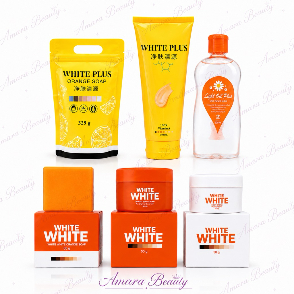 WHITE WHITE ครีมไวท์ไวท์ บำรุงผิวกาย(แถมสบู่)| โลชั่นไวท์พลัส | Light Oil Plus | สบู่ไวท์พลัสถุง(ราค