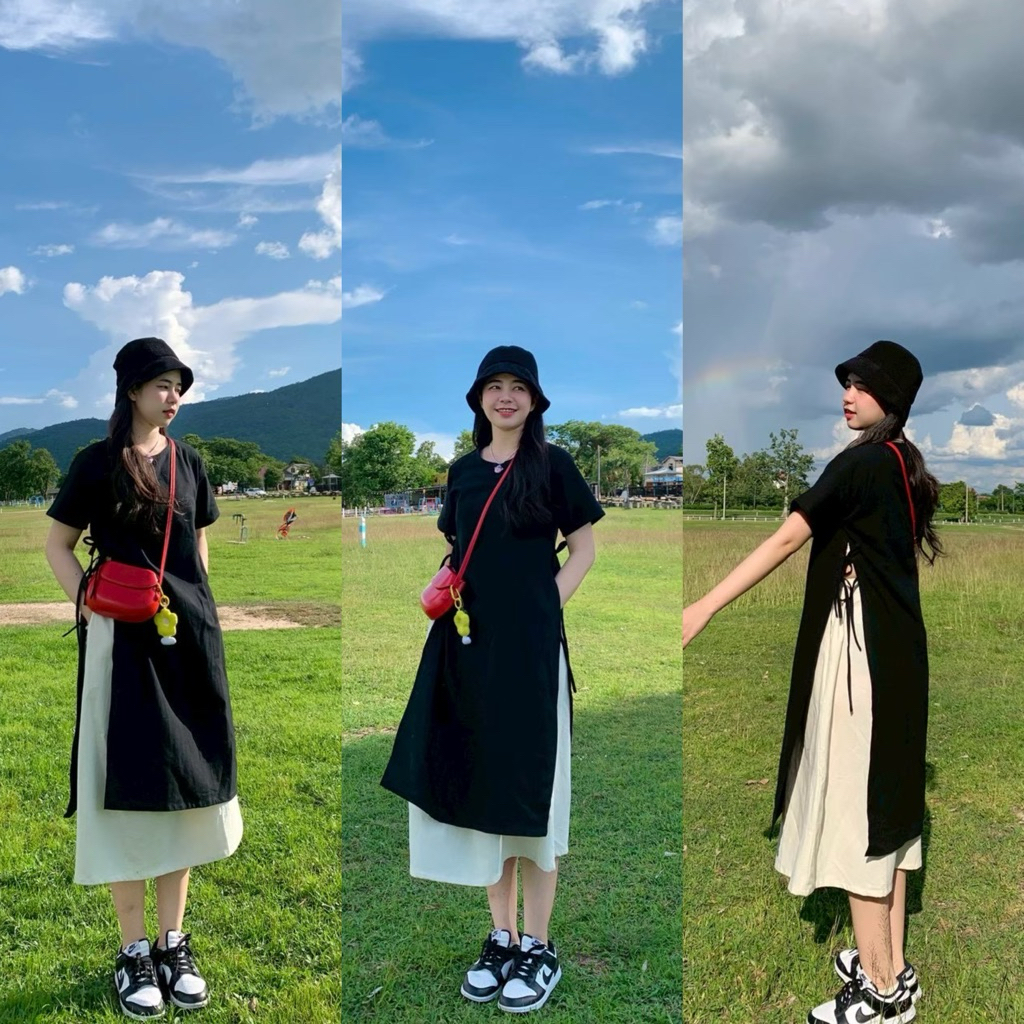 Lomruk เดรสแขนสั้นผูกเชือกแหวกด้านข้างผ้าฝ้าย เดรสเที่ยวคาเฟ่ภูเขา Manee.cotton