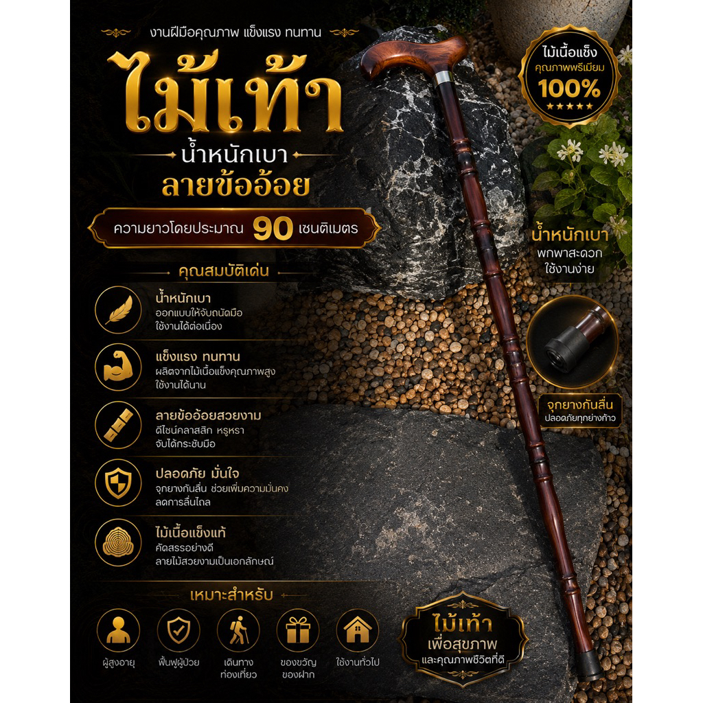 ไม้เท้า คอสแตนเลส สีน้ำตาลดำ ยาว 90-95cm หนึ่งชิ้น