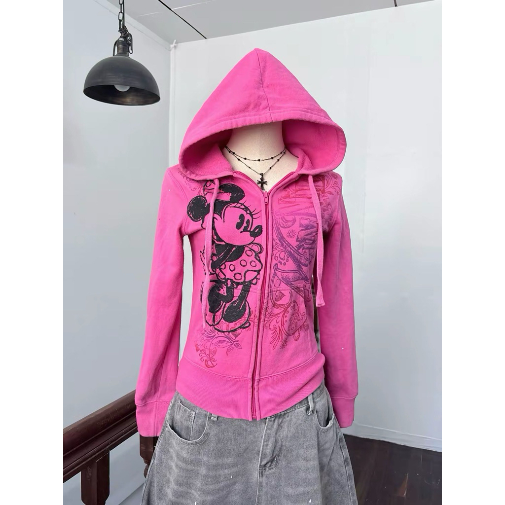 ♱ Pink Zip-Up Hoodie y2k ลาย Minnie Mouse ลิขสิทธิ์🇯🇵