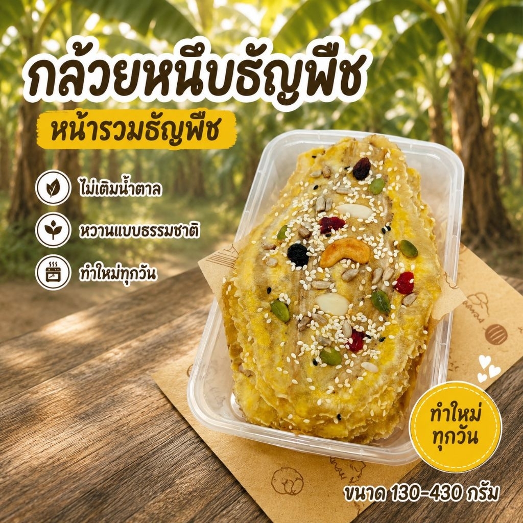 กล้วยหนึบ โฮมเมด อบธัญพืช (หน้ารวม ) เพื่อสุขภาพ ไม่ใส่น้ำตาล ไม่มีสารกันบูด ขนาด120-200 กรัม