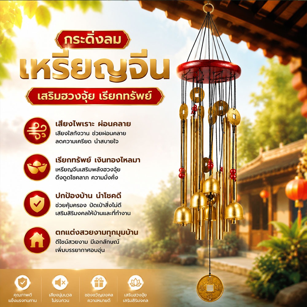 กระดิ่งลม (แท่งทองเหลือง 4 ท่อ ระฆัง 5 ลูก) โมบายตกแต่งบ้าน ตกแต่งสวน โมบายกระดิ่ง กระดิ่ง โมบายดนตรี โมบาย