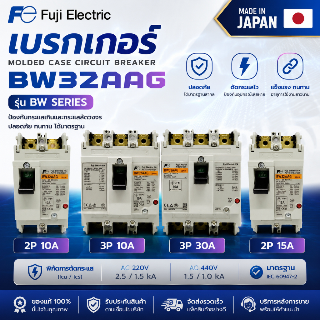 Fuji Electric เบรกเกอร์ MCCB รุ่น BW32AAG 30AF | 2P 30A | 3P 10A 15A 30A | Made in Japan ของแท้