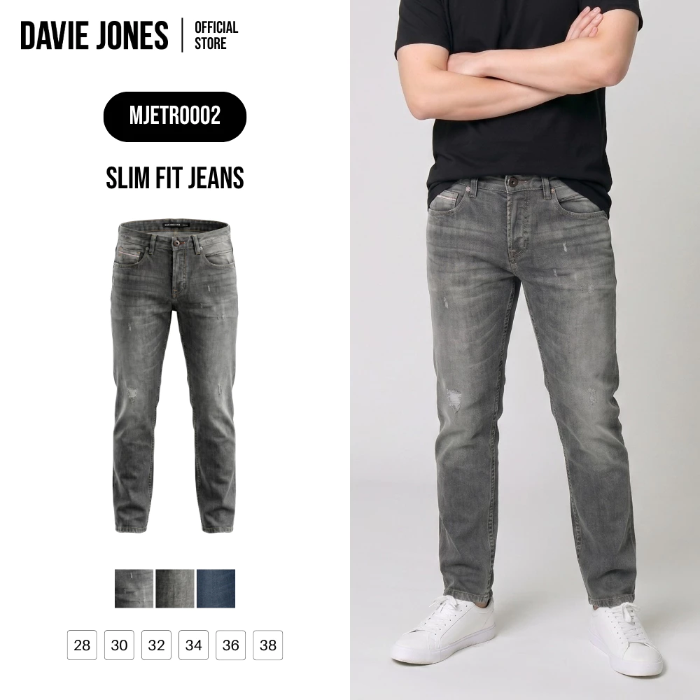 DAVIE JONES [BE FEARLESS] กางเกงยีนส์ผู้ชาย Slim Fit Jeans สีเทา(สะกิดขาด) เทา กรม TR0002