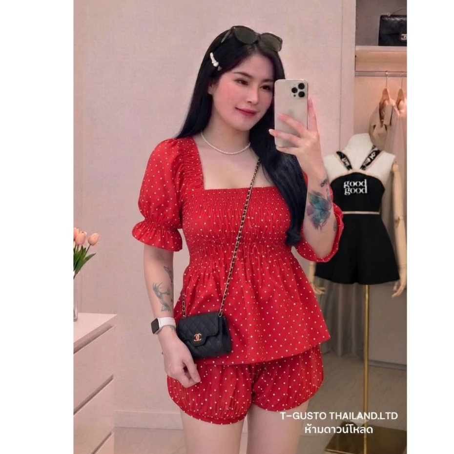 C22-C23ชุดเซตสาวอวบงานผ้าไหมอิตตาลี่ลายจุด น่ารักๆ ผ้าลื่นใส่สบาย