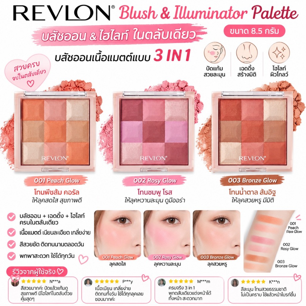ไม่แท้คืนเงิน Revlon Blush & Illuminator Palette ขนาด 8.5 กรัม บลัชออนเนื้อแมตต์แบบ 3 IN 1