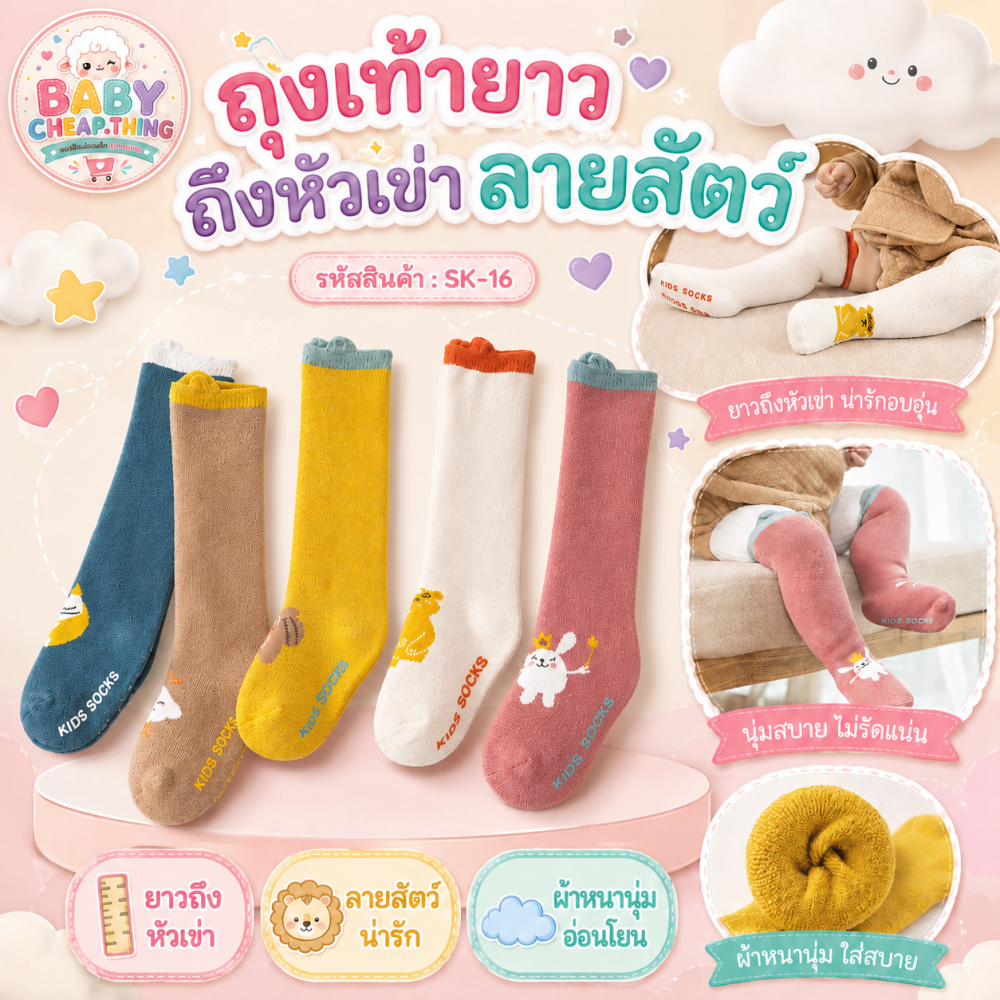 ถุงเท้าเด็ก (SK16) - ถุงเท้ายาวถึงหัวเข่า ลายสัตว์