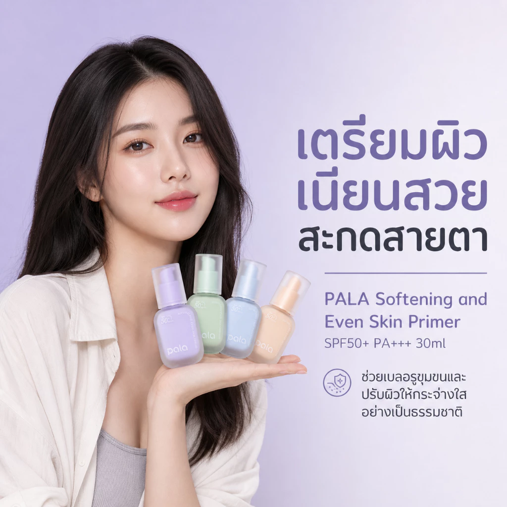 PALA Softening and Even Skin Primer SPF50+ PA+++ 30ml ไพรเมอร์เบลอรูขุมขน ปรับผิวสว่าง กันแดด SPF50 เนื้อซาติน 4สี