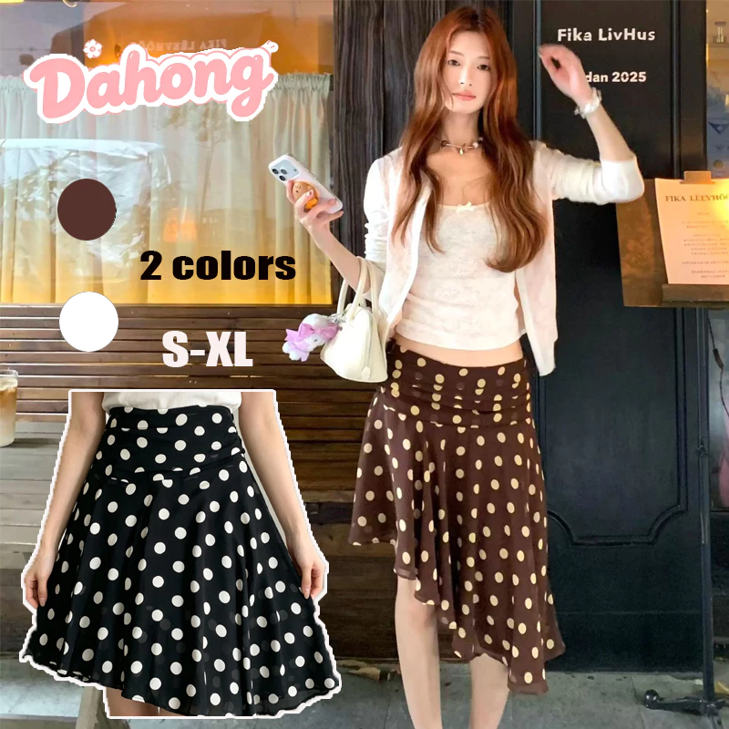Dahong 99513 กระโปรงลายจุดเอวสูงทรงไม่สมมาตร ลายจุด สไตล์เกาหลี เข้าทรงพอดีตัว