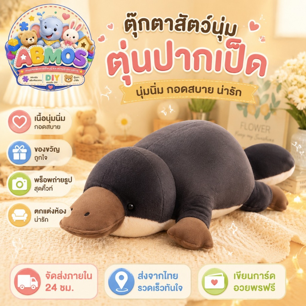 ตุ๊กตาสัตว์นุ่มลายตุ่นปากเป็ด ดีไซน์เรียบง่ายน่าเอ็นดู ใช้กอด วางโชว์ หรือสะสมได้