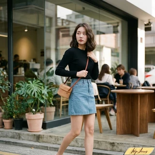 กระโปรงยีนส์สั้นเอวสูง ทรงเอสไตล์มินิมอล ใส่เที่ยวคาเฟ่ สุภาพเรียบหรู แมตช์ง่ายได้ทุกชุด K01
