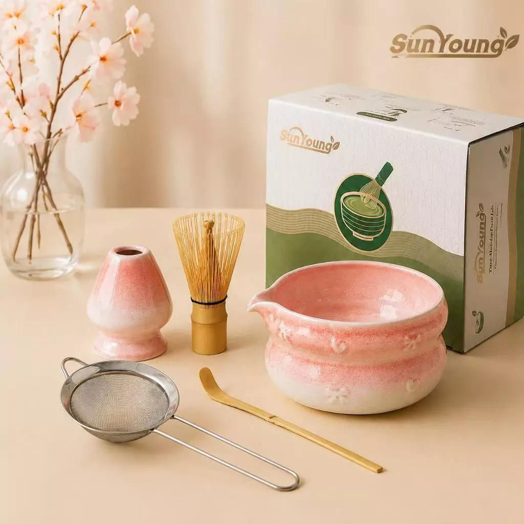 Matcha Set สีชมพู🎀 ชุดชงมัทฉะญี่ปุ่นพรีเมียม 5 ชิ้น ชามเซรามิคดีไซน์โบว์ สไตล์ญี่ปุ่นมินิมอล กล่องของขวัญ