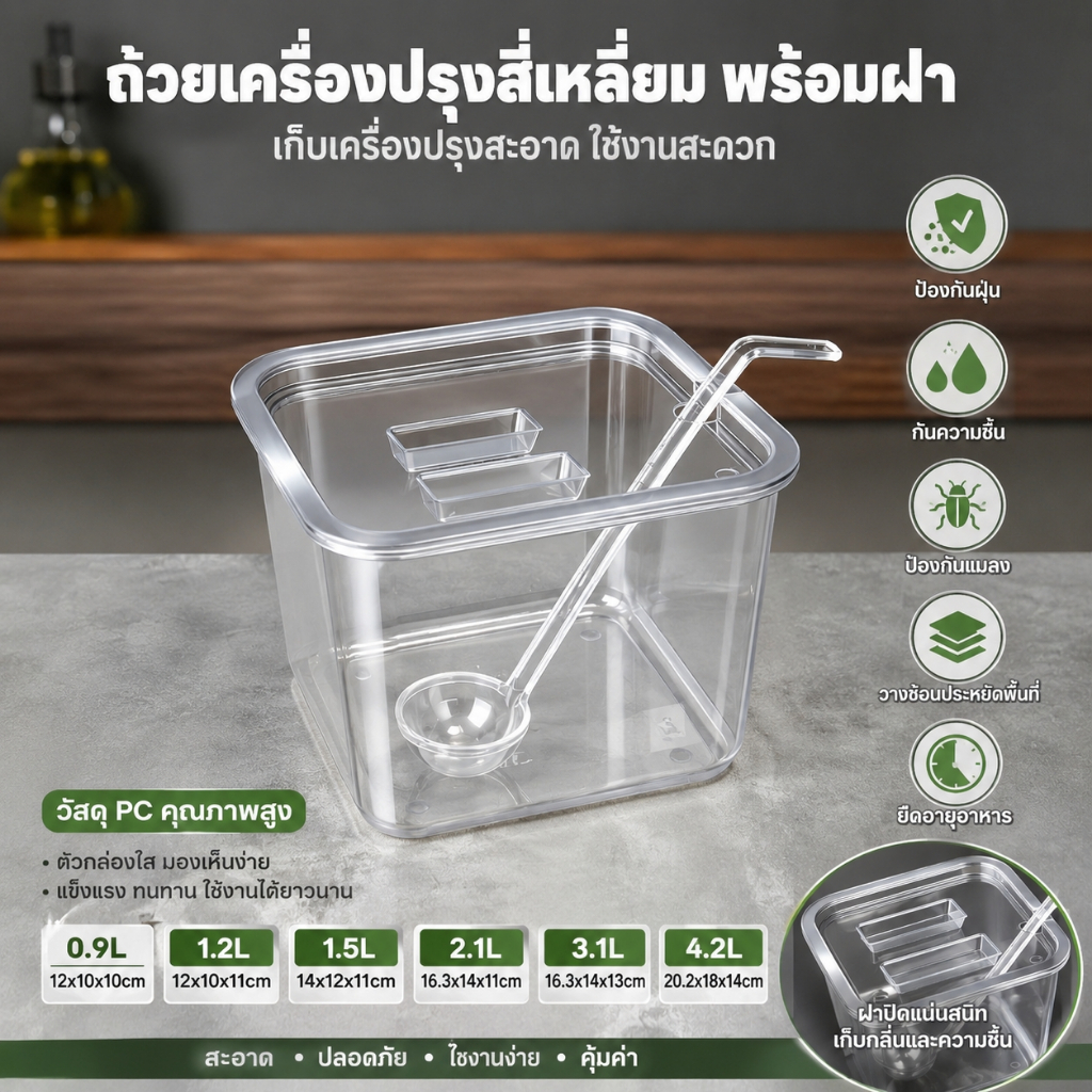 กล่องเครื่องปรุง พลาสติก PC ใส พร้อมฝาและช้อน เกรดอาหาร กันฝุ่น กันชื้น กันแมลง ซ้อนเก็บได้ มี 5 ขนาด
