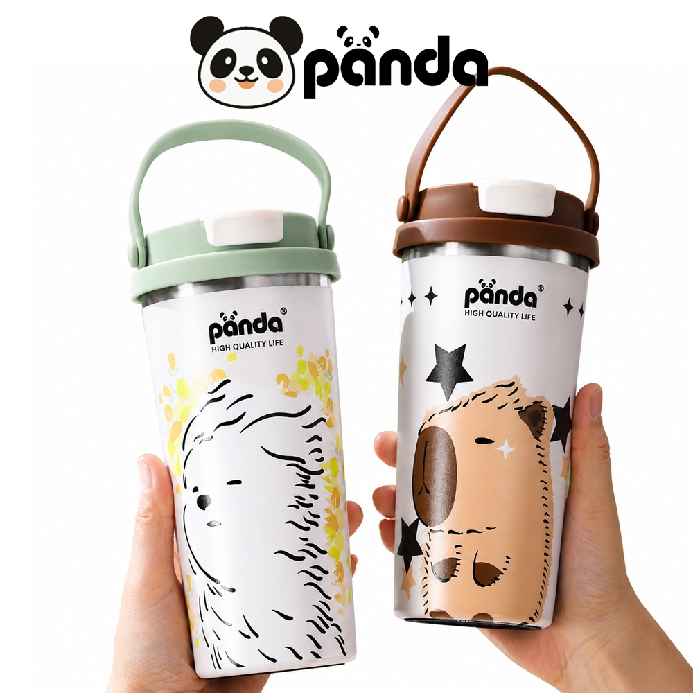 PANDA รุ่นใหม่ การ์ตูน แก้วเก็บความร้อน 600ml สแตนเลส304 แก้วกาแฟ ความจุสูง พร้อมจับ 1 ฝา 2 หัวดื่ม ดูด/ดื่ม 4สี