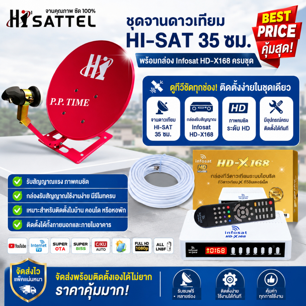 ชุดจานดาวเทียม Hi-SAT 35 ซม. พร้อมกล่อง Infosat HD-X168 ครบชุด รับชมชัด คุ้มสุด
