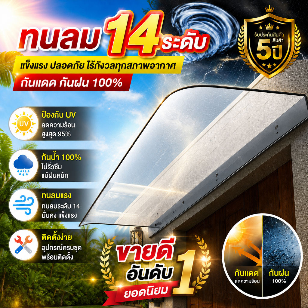 ทนลม 14 ระดับ กันสาด 35*40-20*220cm วัสดุพีวีซีหนา กันสาดโพลีคาร์บอเนต กันสาดระเบียง กันสาดหน้าต่าง