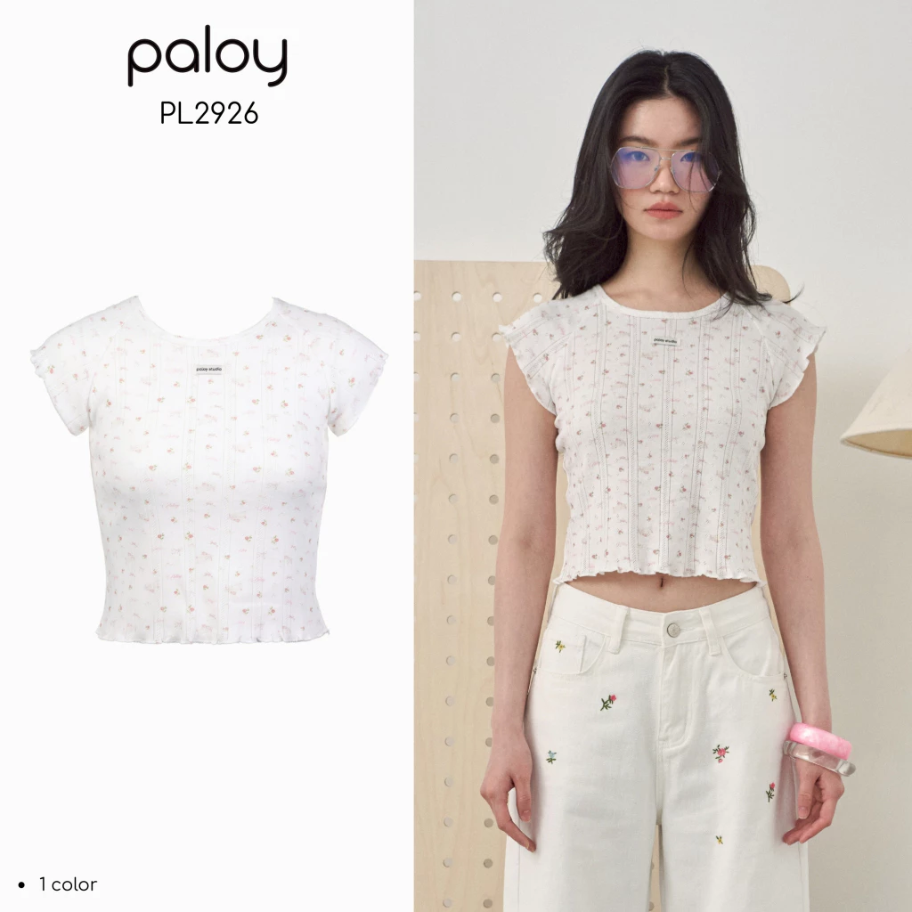 Paloy - PL2926 Ivy crop top เสื้อยืดแขนสั้น พิมพ์ลายกระต่าย ดอกไม้ และโบว์
