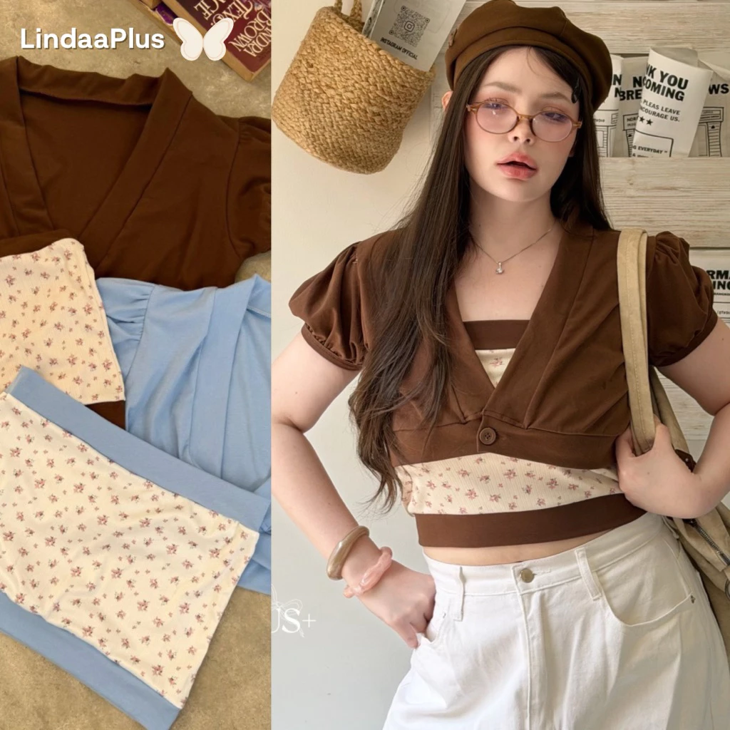 LindaaPlus-- เซ็ตเสื้อคลุม “𝗕𝗼𝗻𝗻𝗶𝗲” 🌸🍃 เกาะผ้ายืดลายไหมพรมสกรีนลายดอกไม้ + เสื้อคลุมครอปแขนตุ๊กตา งาน 2 ชิ้นแยกได้
