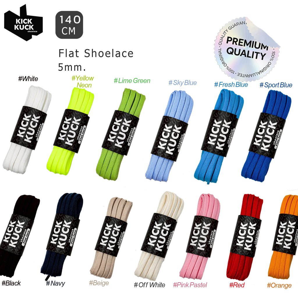 (แน่น2ชั้น เล็กเฉียบ5mm ยาว140cm.13เฉดสี ) เชือกรองเท้า (KICKKUCK) สำหรับรองเท้าวิ่งและกีฬา ทรงแบน Flat มาตรฐานส่งออก