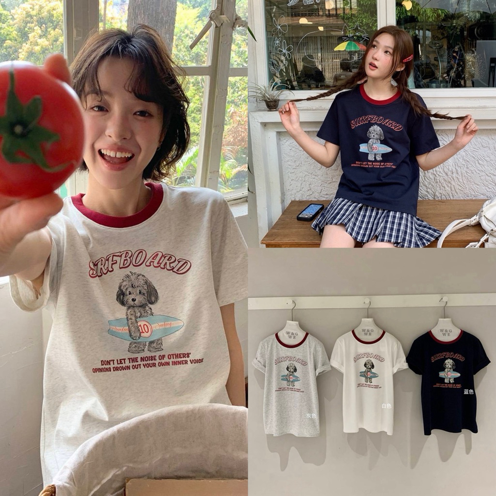 10010# เสื้อยืดคอกลมแขนสั้น พิมพ์ลายน้องหมาที่อก ลายน่ารักมากค่ะ เนื้อผ้ายืดหยุ่น โทนสีสวย  TAG WG.WE 🇰🇷