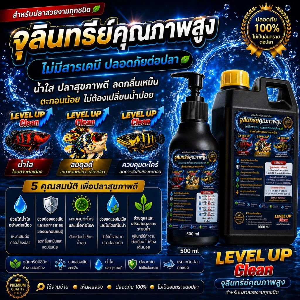 LEVEL UP Cleanจุลินทรีย์ตู้ปลาและบ่อปลา ช่วยย่อยขี้ปลาลดแอมโมเนีย ลดไนไตรท์ คุมตะไคร่ ลดเชื้อก่อโรค ลดกลิ่น น้ำใสปลอดภัย