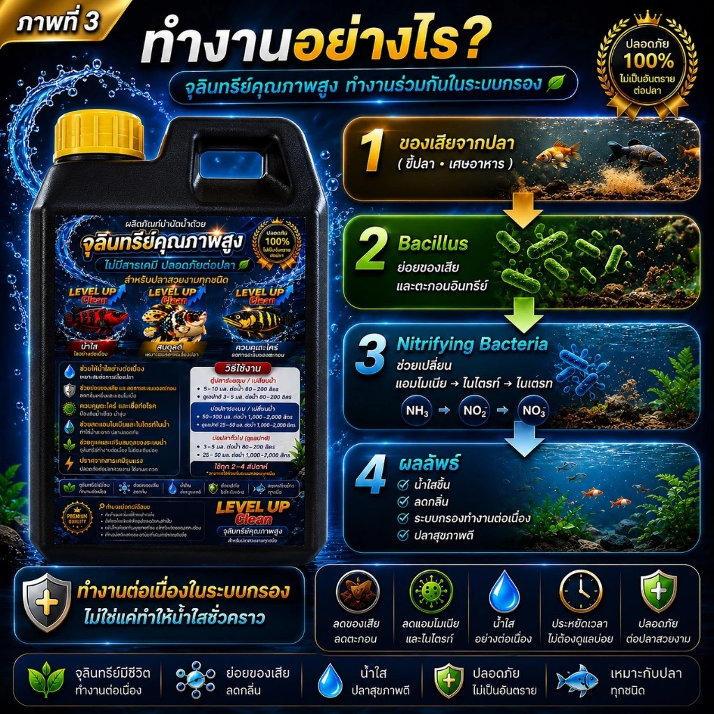 LEVEL UP Cleanจุลินทรีย์ตู้ปลาและบ่อปลา ช่วยย่อยขี้ปลาลดแอมโมเนีย ลดไนไตรท์ คุมตะไคร่ ลดเชื้อก่อโรค ลดกลิ่น น้ำใสปลอดภัย thumbnail 4