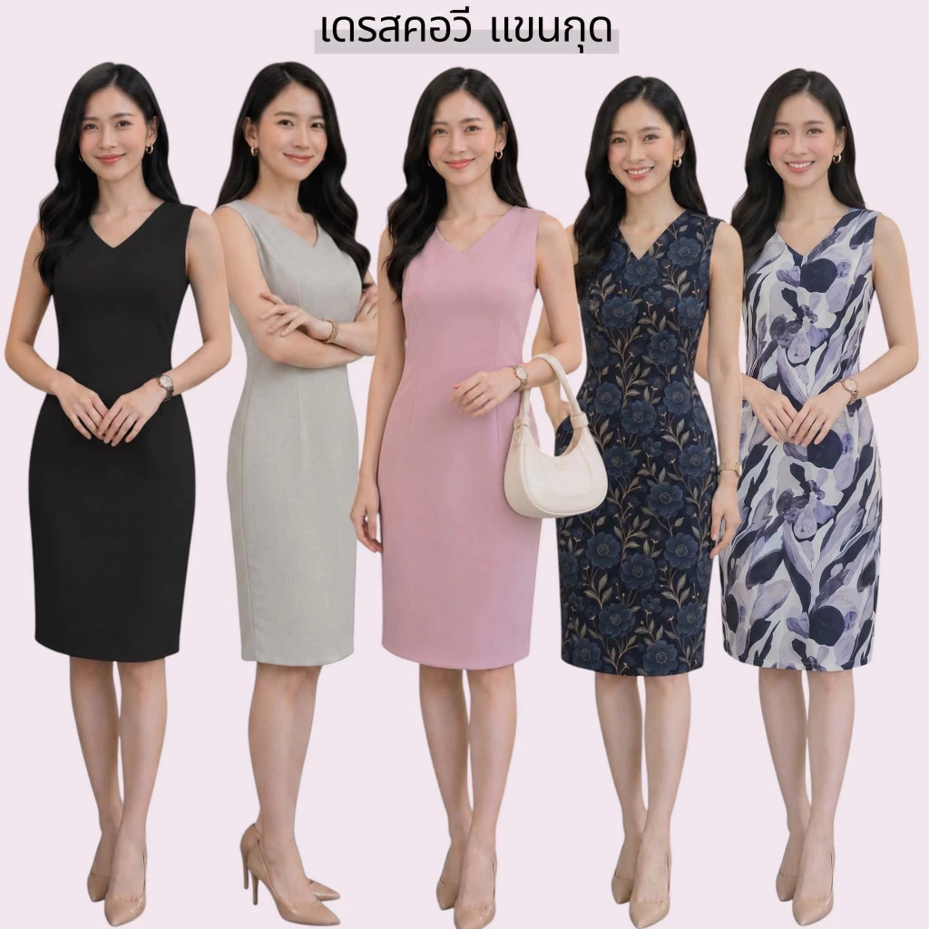 เดรสคอวีแขนกุด ทรงสอบ รุ่นใหม่ของร้าน มีกระเป๋าล้วง2ข้าง ซับในทั้งตัว คัตติ้งเป๊ะ