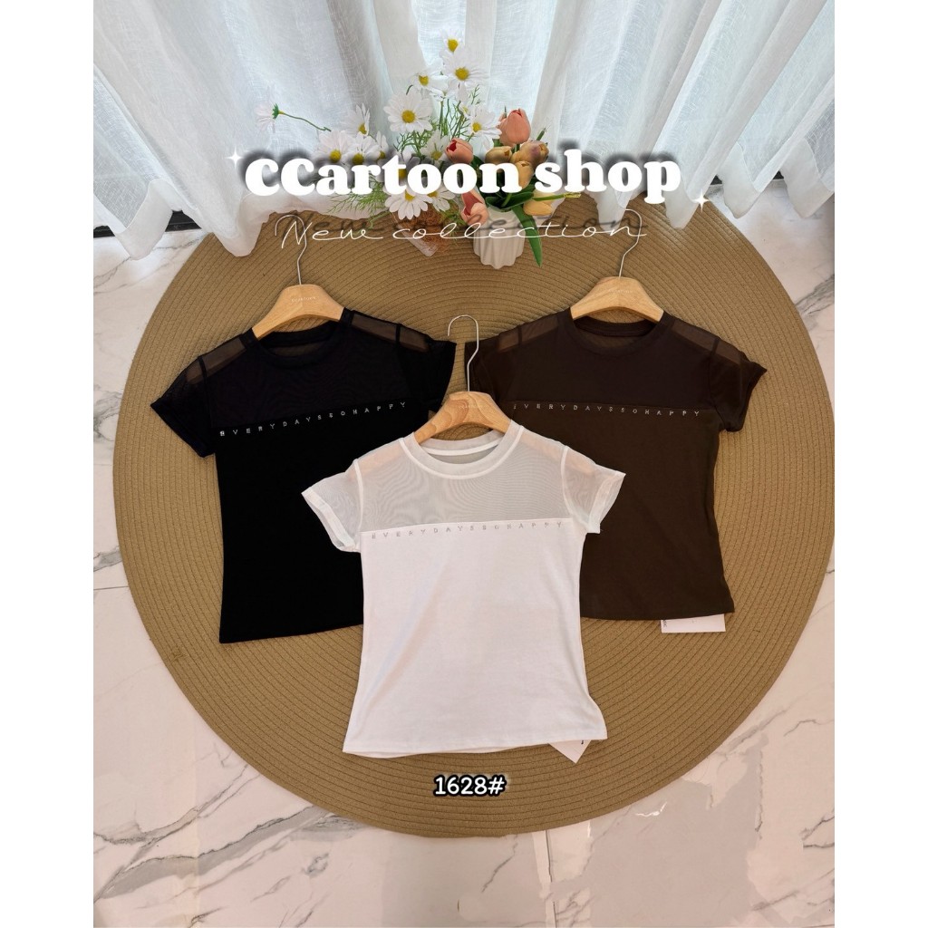 1628 เสื้อซีทรูเเขนสั้นเเต่งอักษรเพชร