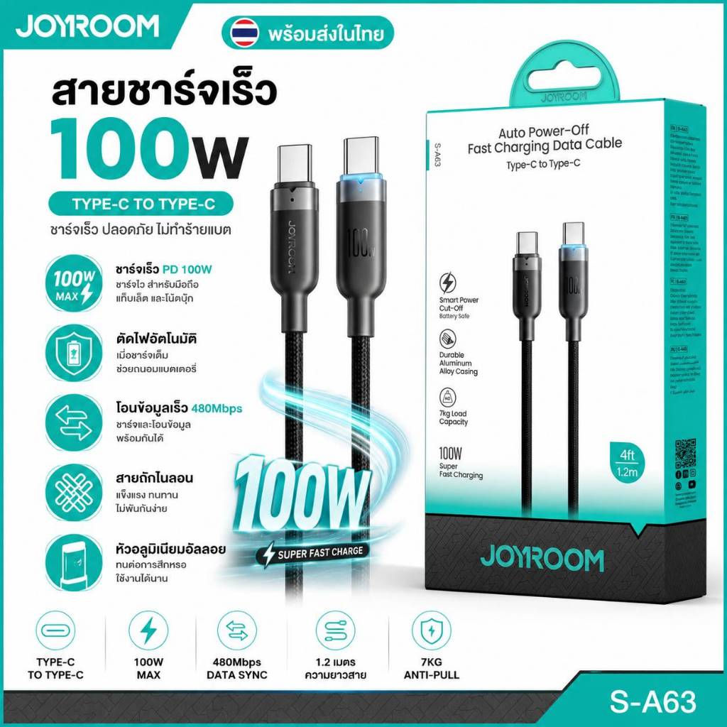 พร้อมส่งไทย Joyroom S-A63 สายชาร์จ 4สเปค Lightning.Type-C.CC. PD ตัดไฟอัตโนมัติ ยาว1.2ม. ทนดึง รองรับโอนข้อมูลชาร์จเร็ว