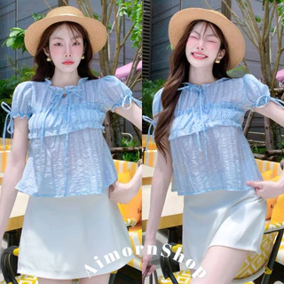 🔥aimorn_shop🔥 เสื้อคอกลม แต่งระบายช่วงคอ ช่วงอกเป็นแขนตุ๊กตา ผูกโบว์เพิ่มความน่ารัก