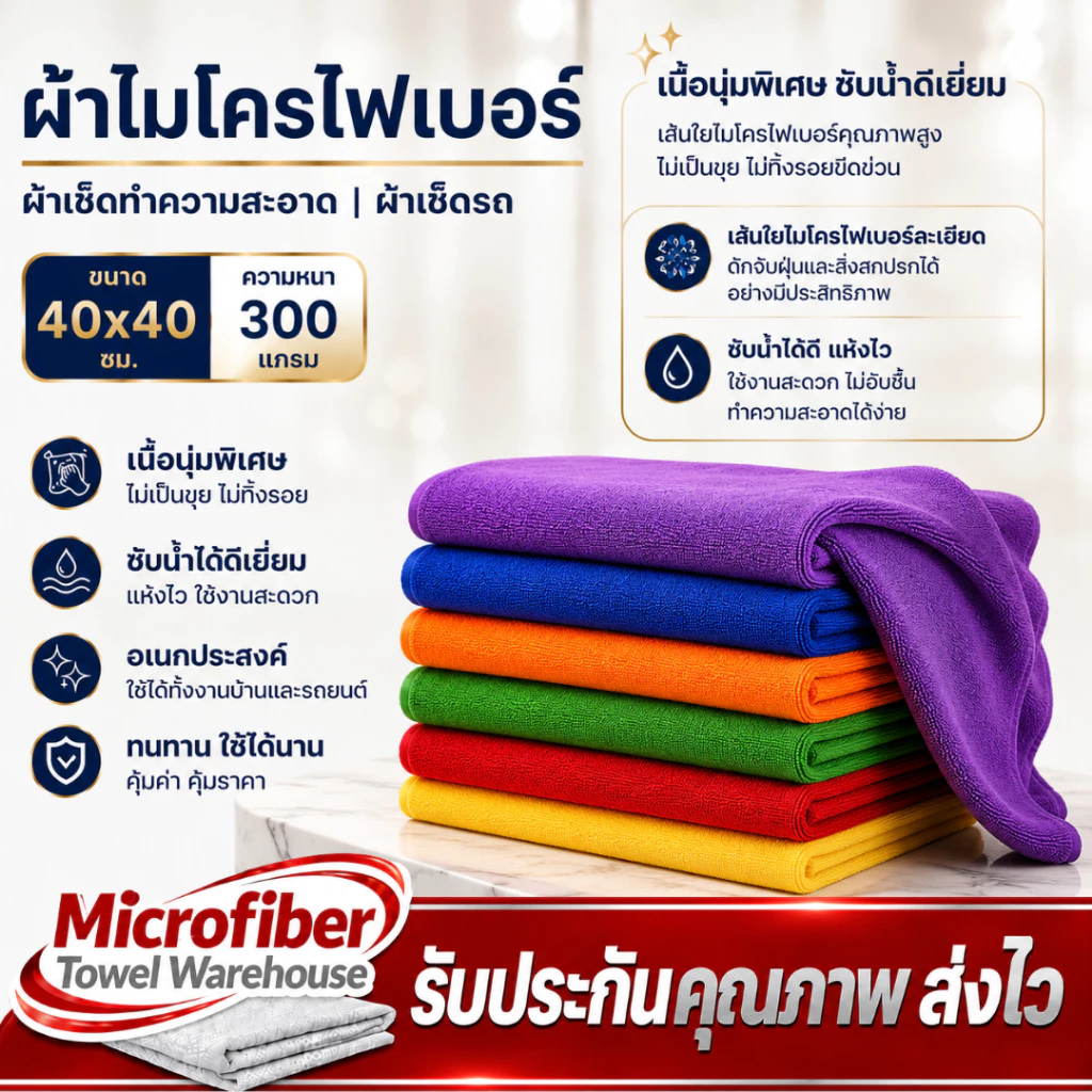 ผ้าไมโครไฟเบอร์ ขนาด 40x40 ความหนา 300 แกรม ผ้าเช็ดทําความสะอาด ผ้าเช็ดรถ ผ้าไมโครไฟเบอร์เช็ดรถ microfiber